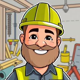 A cartoon-style Bitmoji of a bearded man wearing a safety hard hat, smiling confidently at the viewer