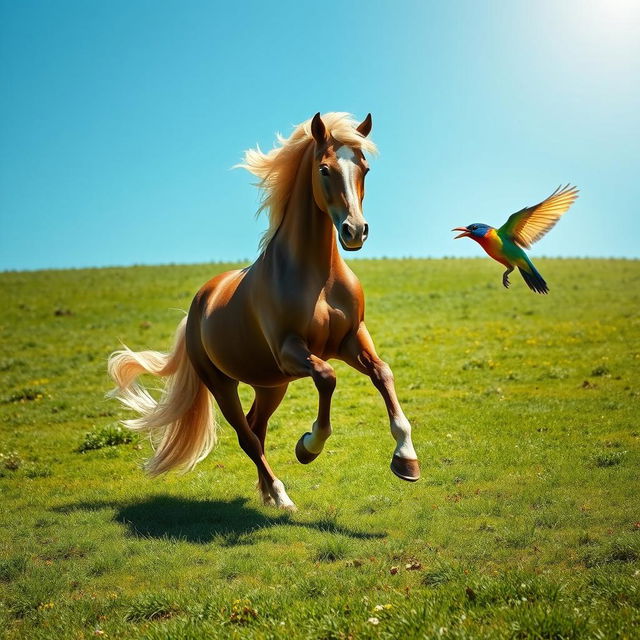 A majestic horse prancing gracefully on a verdant meadow, while a vibrant, colorful bird flits playfully around it