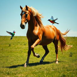 A majestic horse prancing gracefully on a verdant meadow, while a vibrant, colorful bird flits playfully around it
