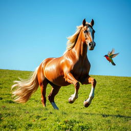 A majestic horse prancing gracefully on a verdant meadow, while a vibrant, colorful bird flits playfully around it