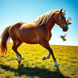 A majestic horse prancing gracefully on a verdant meadow, while a vibrant, colorful bird flits playfully around it