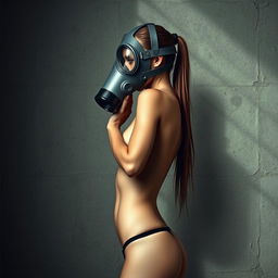 A slim, photorealistic female figure wearing a full-face gas mask, standing against a textured wall