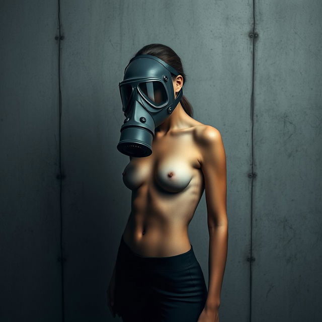 A slim, photorealistic female figure wearing a full-face gas mask, standing against a textured wall