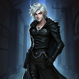 A handsome male Drow Rogue with a playful attitude, displaying a confident smirk