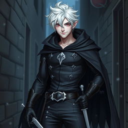 A handsome male Drow Rogue with a playful attitude, displaying a confident smirk