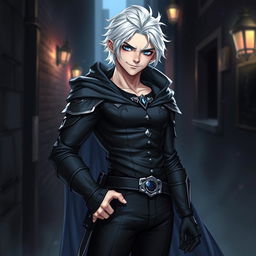 A handsome male Drow Rogue with a playful attitude, displaying a confident smirk