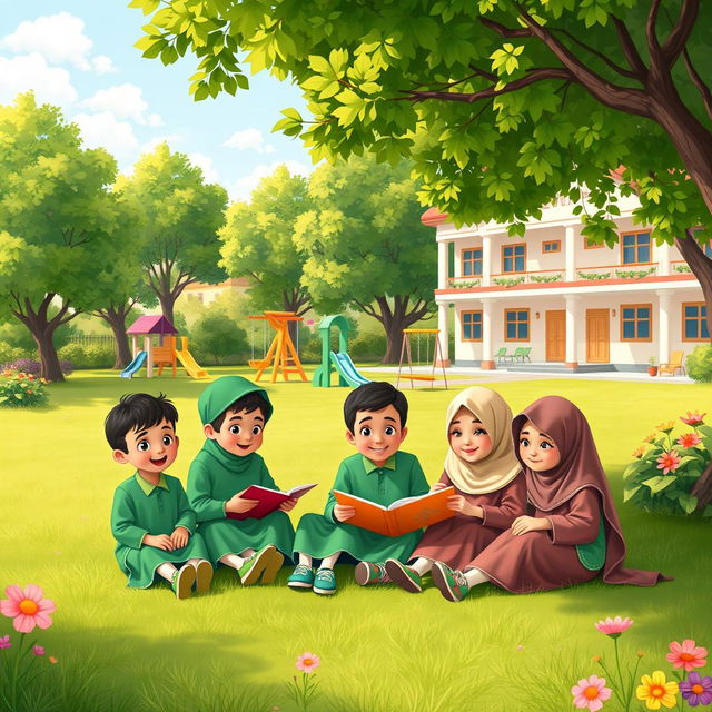 A group of young Muslim boys and girls in a colorful, cheerful cartoon style, sitting together on the grass in a school garden