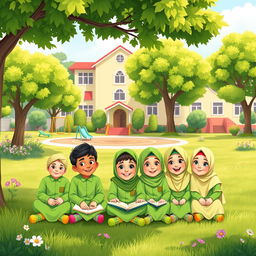 A group of young Muslim boys and girls in a colorful, cheerful cartoon style, sitting together on the grass in a school garden