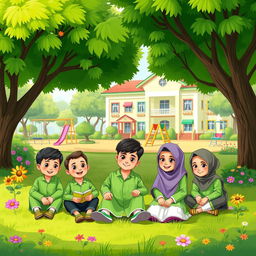 A group of young Muslim boys and girls in a colorful, cheerful cartoon style, sitting together on the grass in a school garden