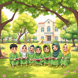 A group of young Muslim boys and girls in a colorful, cheerful cartoon style, sitting together on the grass in a school garden