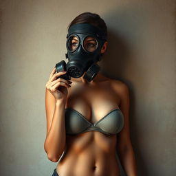 A photorealistic depiction of a slim woman wearing a full-face gas mask, standing confidently against a textured wall