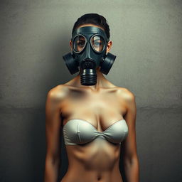 A photorealistic depiction of a slim woman wearing a full-face gas mask, standing confidently against a textured wall