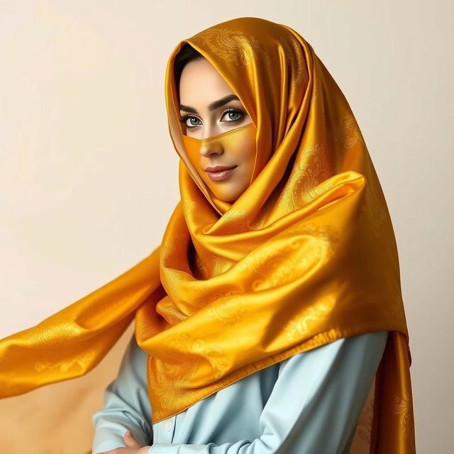 A woman wearing a burqa, richly designed and elegantly flowing, in a stunning shade of gold