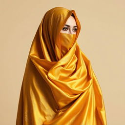 A woman wearing a burqa, richly designed and elegantly flowing, in a stunning shade of gold