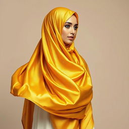 A woman wearing a burqa, richly designed and elegantly flowing, in a stunning shade of gold