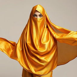A woman wearing a burqa, richly designed and elegantly flowing, in a stunning shade of gold