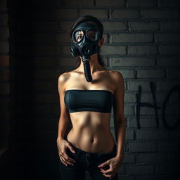 A slim figure of a woman with a C cup bust, wearing a full-face gas mask, posed stylishly against a textured wall
