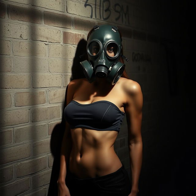 A slim figure of a woman with a C cup bust, wearing a full-face gas mask, posed stylishly against a textured wall