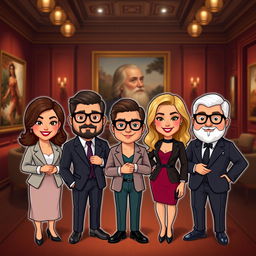 A collection of Bitmoji-style characters presented in a classy setting