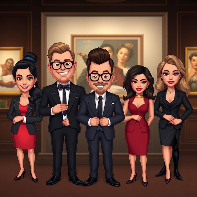 A collection of Bitmoji-style characters presented in a classy setting