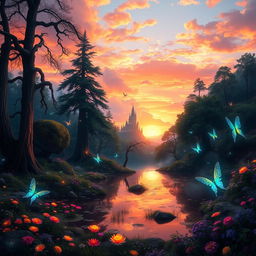 An enchanting fantasy landscape at sunset, featuring a magical forest with luminescent plants and towering ancient trees