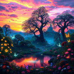 An enchanting fantasy landscape at sunset, featuring a magical forest with luminescent plants and towering ancient trees