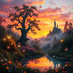 An enchanting fantasy landscape at sunset, featuring a magical forest with luminescent plants and towering ancient trees