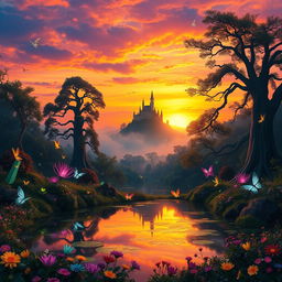 An enchanting fantasy landscape at sunset, featuring a magical forest with luminescent plants and towering ancient trees