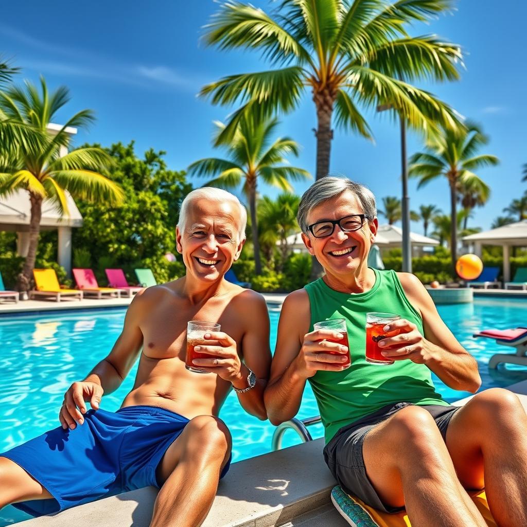 A humorous scene depicting Joe Biden and Bill Gates relaxing together by a luxurious swimming pool