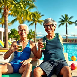 A humorous scene depicting Joe Biden and Bill Gates relaxing together by a luxurious swimming pool