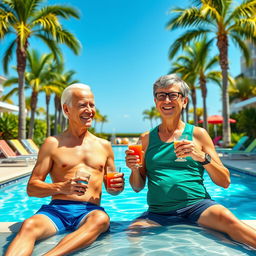 A humorous scene depicting Joe Biden and Bill Gates relaxing together by a luxurious swimming pool