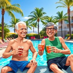 A humorous scene depicting Joe Biden and Bill Gates relaxing together by a luxurious swimming pool