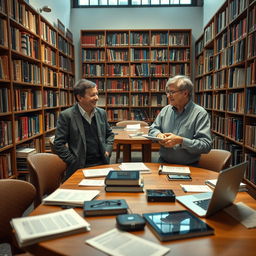 A serene library setting featuring two distinguished individuals: Pezeshkian, a middle-aged professional with a warm smile and stylish attire, and Bill Gates, known for his glasses and casual yet smart clothing