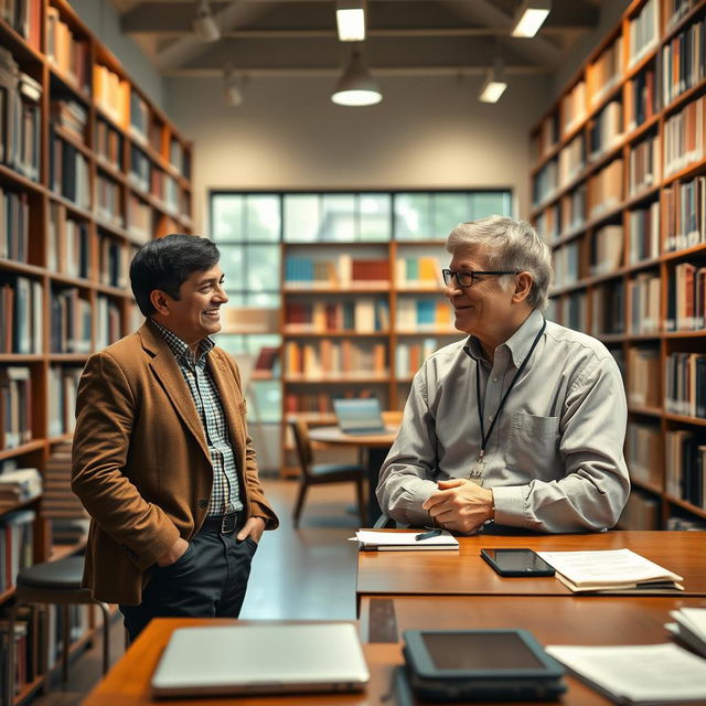 A serene library setting featuring two distinguished individuals: Pezeshkian, a middle-aged professional with a warm smile and stylish attire, and Bill Gates, known for his glasses and casual yet smart clothing