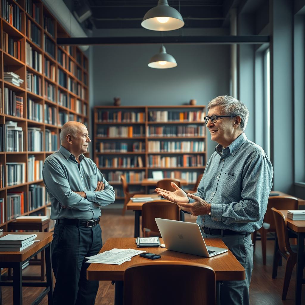 A serene library setting featuring two distinguished individuals: Pezeshkian, a middle-aged professional with a warm smile and stylish attire, and Bill Gates, known for his glasses and casual yet smart clothing