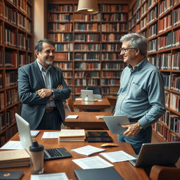 A serene library setting featuring two distinguished individuals: Pezeshkian, a middle-aged professional with a warm smile and stylish attire, and Bill Gates, known for his glasses and casual yet smart clothing