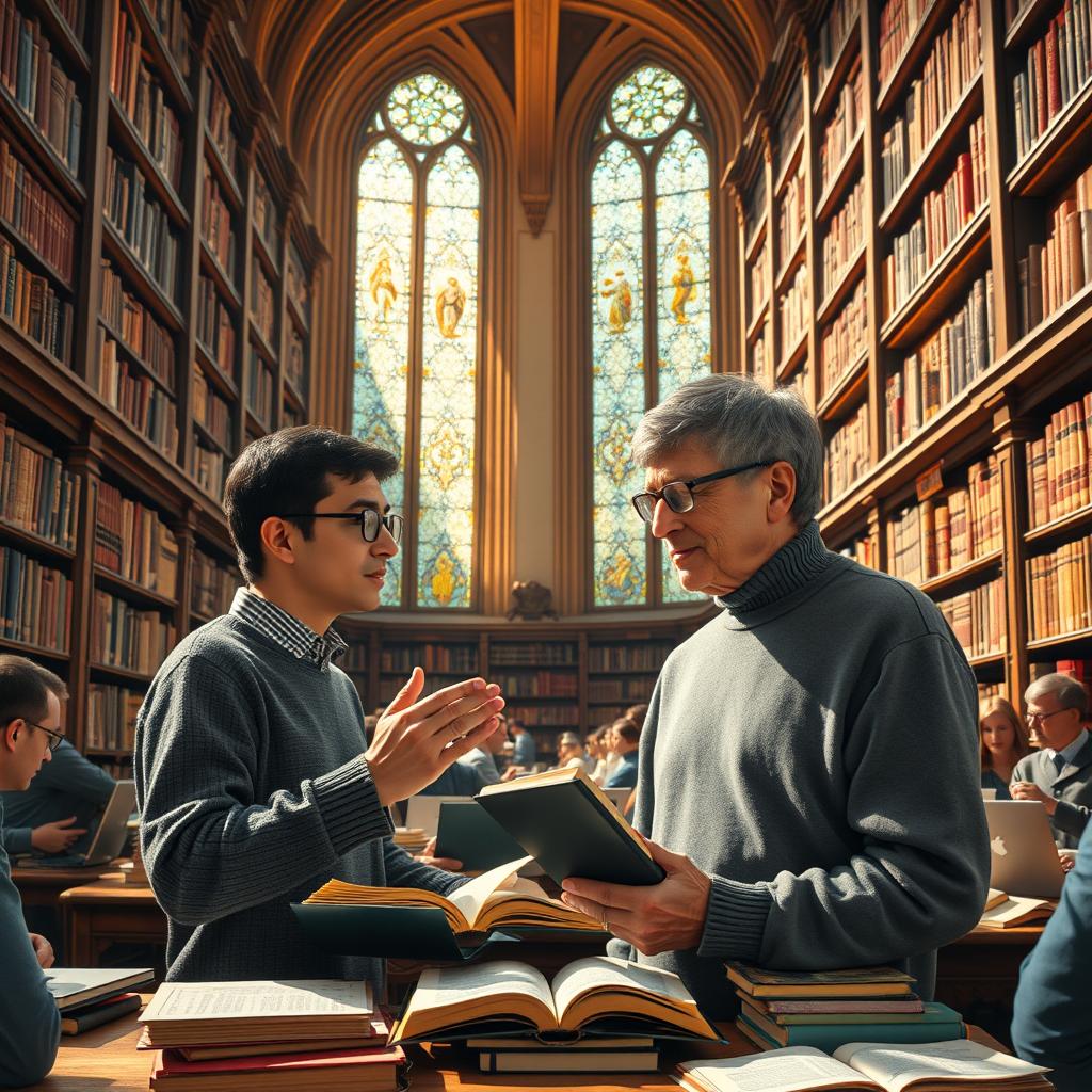 A vibrant scene inside a grand library filled with towering shelves of books, sunlight streaming through large stained-glass windows