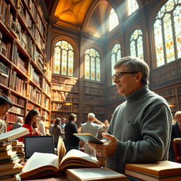 A vibrant scene inside a grand library filled with towering shelves of books, sunlight streaming through large stained-glass windows