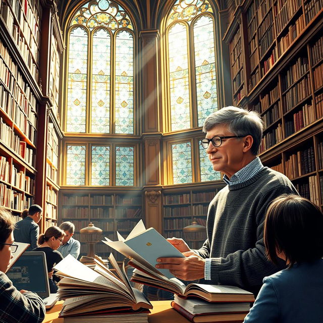 A vibrant scene inside a grand library filled with towering shelves of books, sunlight streaming through large stained-glass windows