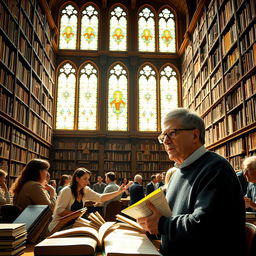 A vibrant scene inside a grand library filled with towering shelves of books, sunlight streaming through large stained-glass windows