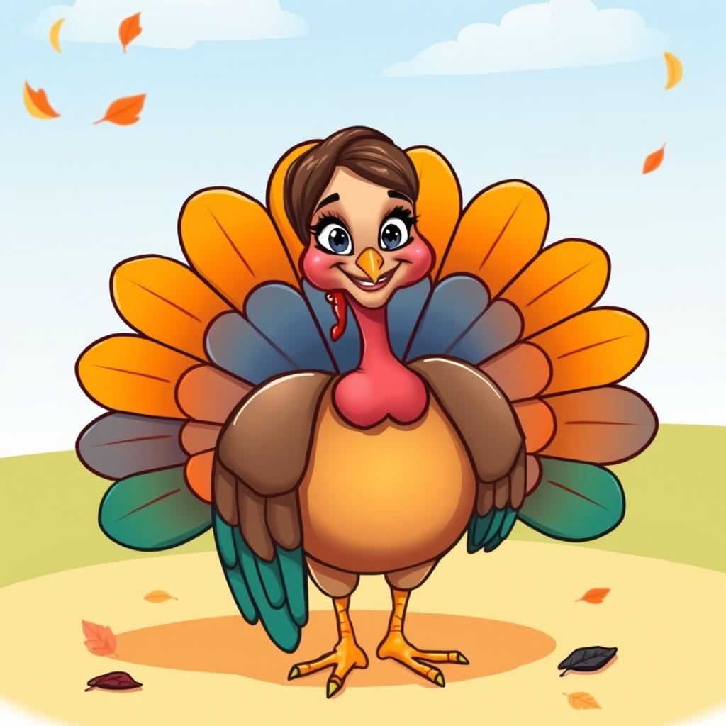 A whimsical and humorous cartoon of a turkey, with vibrant feathers and an exaggeratedly colorful body