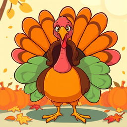 A whimsical and humorous cartoon of a turkey, with vibrant feathers and an exaggeratedly colorful body