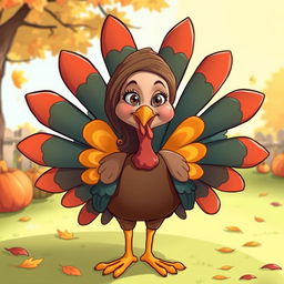 A whimsical and humorous cartoon of a turkey, with vibrant feathers and an exaggeratedly colorful body