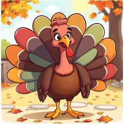 A whimsical and humorous cartoon of a turkey, with vibrant feathers and an exaggeratedly colorful body