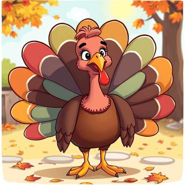 A whimsical and humorous cartoon of a turkey, with vibrant feathers and an exaggeratedly colorful body