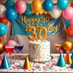 A vibrant and festive birthday celebration scene set for a 30th birthday party