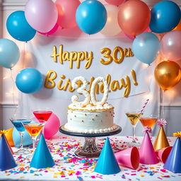 A vibrant and festive birthday celebration scene set for a 30th birthday party