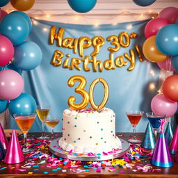 A vibrant and festive birthday celebration scene set for a 30th birthday party