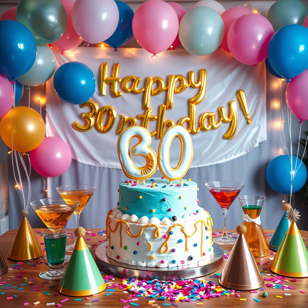 A vibrant and festive birthday celebration scene set for a 30th birthday party