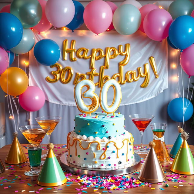 A vibrant and festive birthday celebration scene set for a 30th birthday party